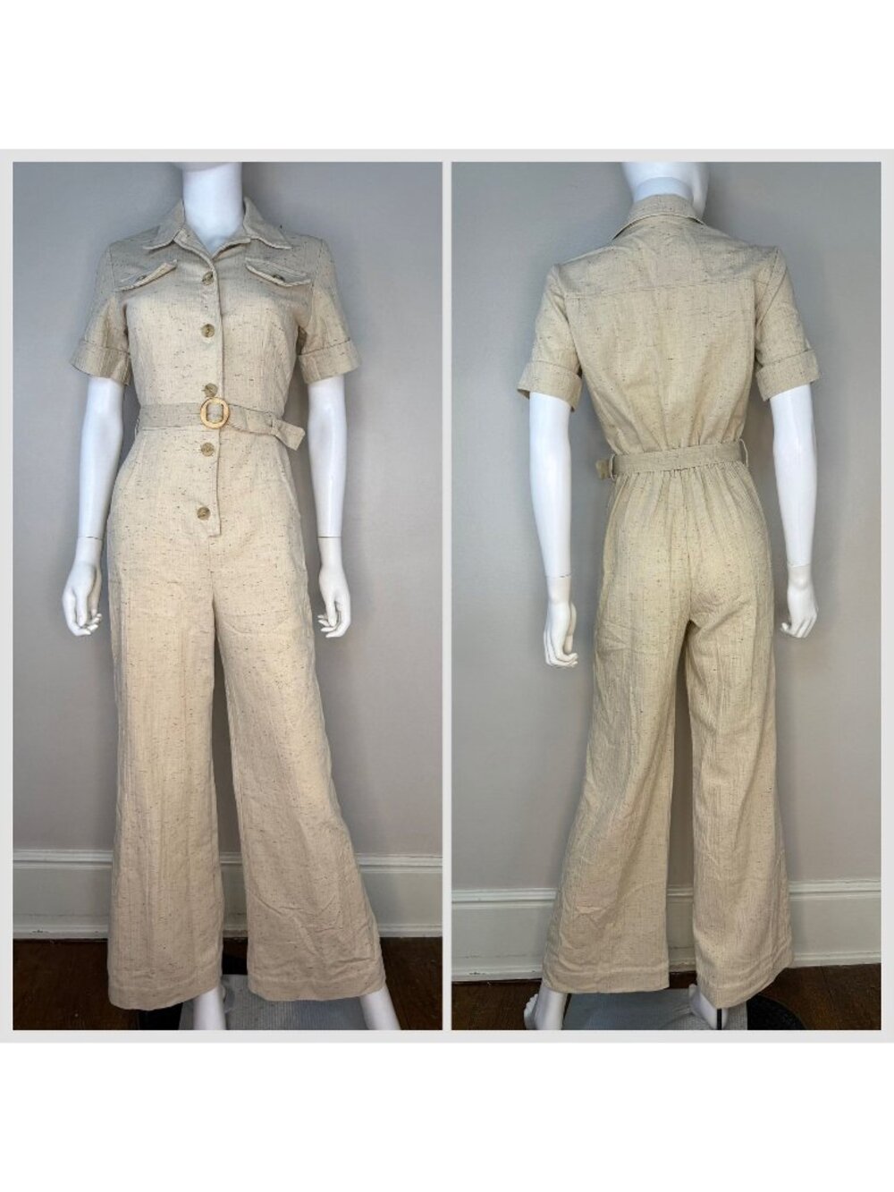 Vintage 1970s Tan Safari Flare Leg Jumpsuit, Sears Jr Bazaar Size Small